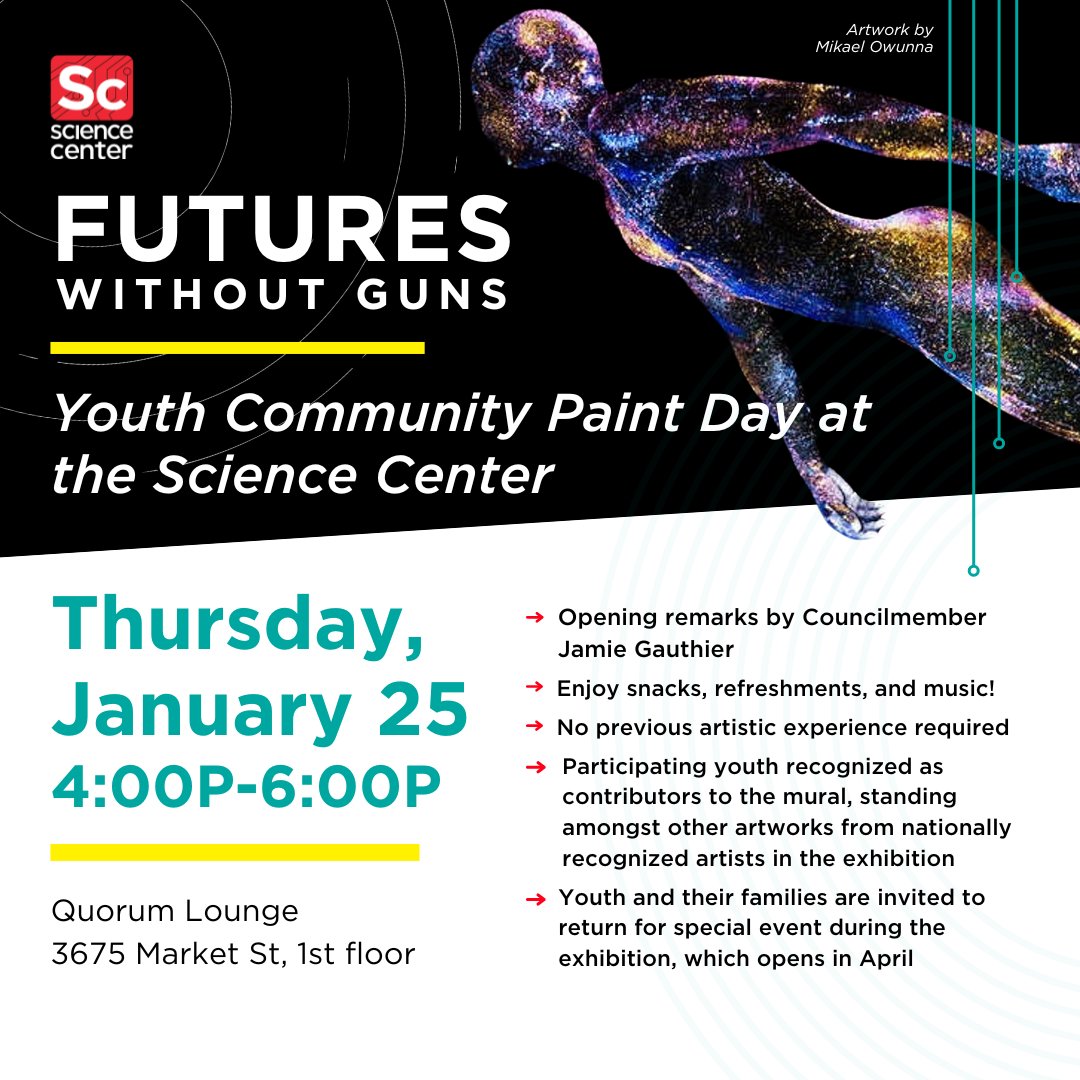 Do you live in #Philly? Are you between 10 and 18 years old? Let your #creativity shine and help paint a #mural! Participants will be recognized as contributors in the #FuturesWithoutGuns exhibition opening in April. Register today: sciencecenter.org/events/youth-c…