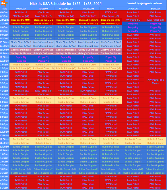HyperSchedules on X: “Nick Jr. USA schedule for 1/22 - 1/28, 2024