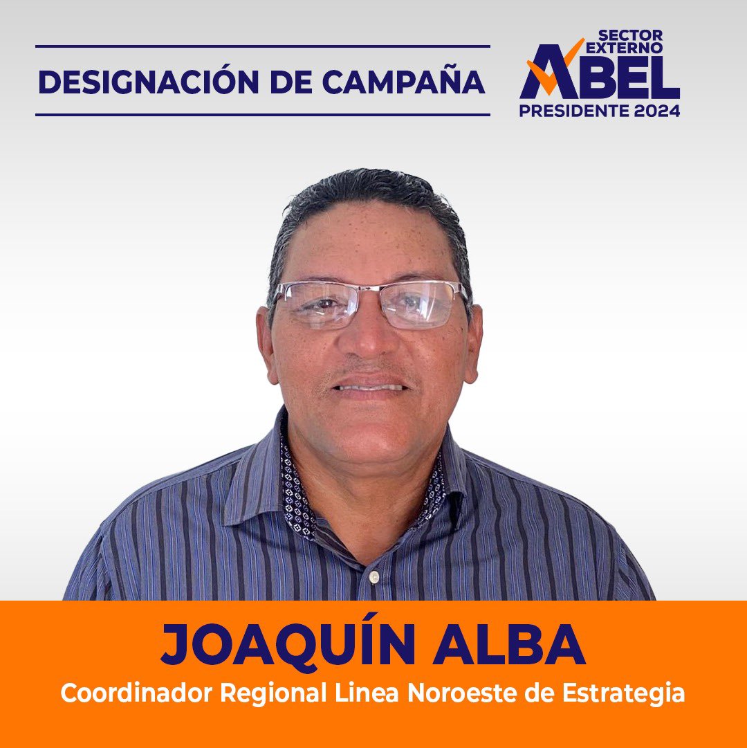 Gonzalo2028RD's tweet photo. El Candidato Presidencial del PLD @AbelMartinezD y @EdwinEspM, Coordinador Nacional del #SEAbel2024 designaron al Destacado Dirigente Político Joaquín Alba como Coodinador Regional Línea Noroeste de Estrategia.
¡Bienvenido!
#SEAbel
#AbelPresidente https://t.co/6zvfkbAXIw