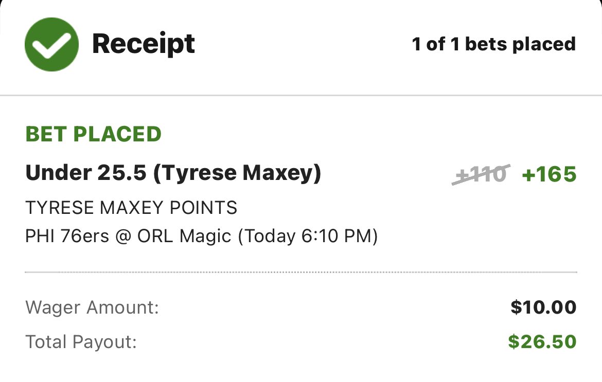 Plus EV, MD (@plusevmd) on Twitter photo DraftKings NBA 50% boost play 🤝
Tyrese Maxey u25.5 points, +110 ➡️ +165
Fair value +105, EV 29.5% 🔥
Found via <a href="/CrazyNinjaMike1/">CrazyNinjaMike</a> software 🐐 DraftKings NBA 50% boost play 🤝
Tyrese Maxey u25.5 points, +110 ➡️ +165
Fair value +105, EV 29.5% 🔥
Found via <a href="/CrazyNinjaMike1/">CrazyNinjaMike</a> software 🐐