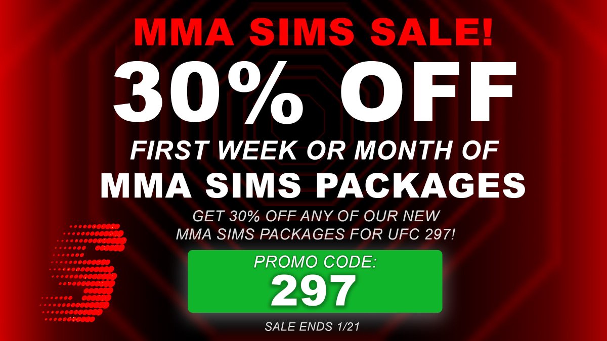Stokastic's tweet photo. 🥊 Exciting news: Stokastic MMA Sims have arrived, just in time for UFC 297!
To celebrate, we’re offering a 30% discount on our weekly or monthly MMA packages using Promo Code 297.
Click the link below to get signed up!
https://t.co/wyIcgvHBQl
#UFC297 #UFCDFS #MMASims #UFCSims #UFCPicks