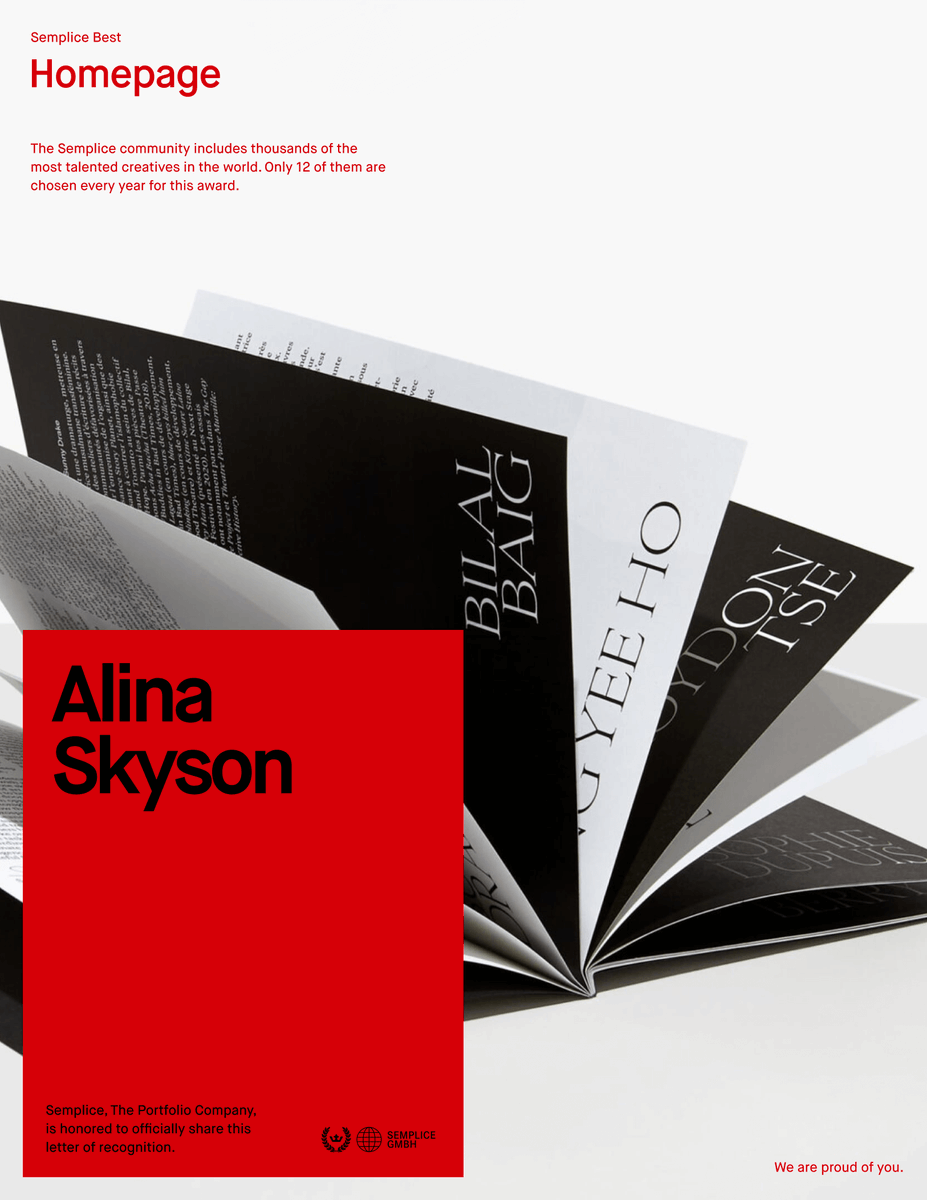 BEST OF THE YEAR 3/12 ↓  

A good homepage sets a tone while letting the work speak for itself. Alina Skyson's homepage speaks volumes.   

Congrats to our "Best Homepage" winner.  

✦ alinaskyson.com ✦