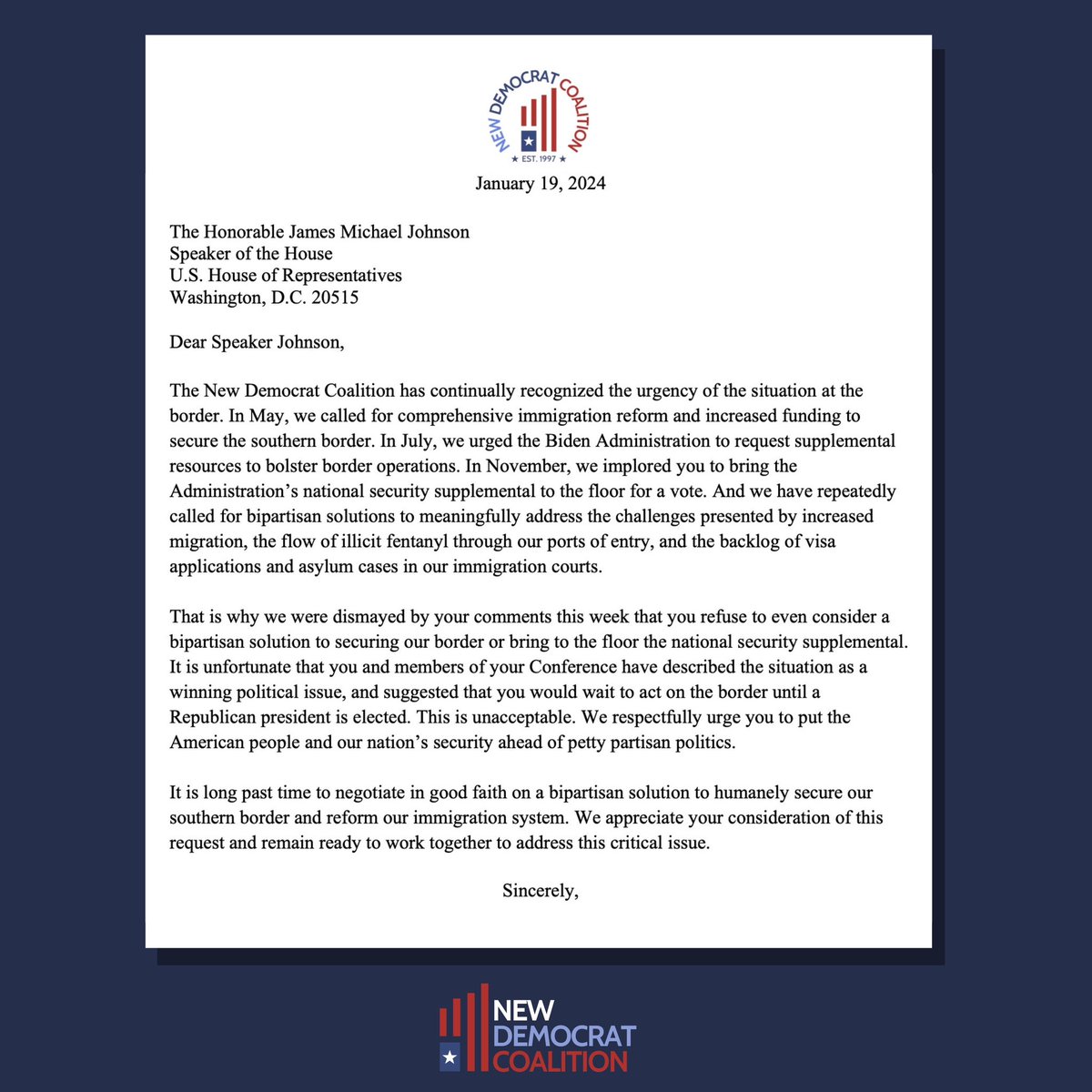 New Dems have prioritized working across the aisle to secure our border, stem the flow of fentanyl, reform our immigration system, and address the labor shortage. Today, we're calling on @SpeakerJohnson to finally join us in working on this critical issue.