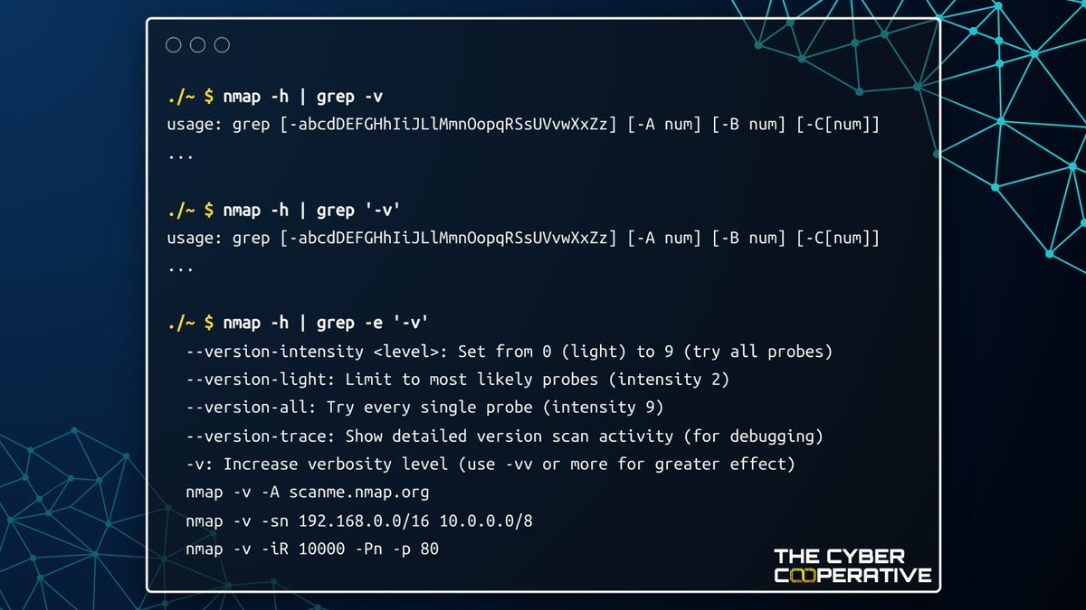 TheCyberCoop's tweet photo. How to grep for a specific option in the help output of a command or tool.

Use the -e option in grep when your search pattern starts with a hyphen (-).  Without it, the pattern will be misinterpreted by grep as an option rather than a search string. https://t.co/fcJUtpNR2d