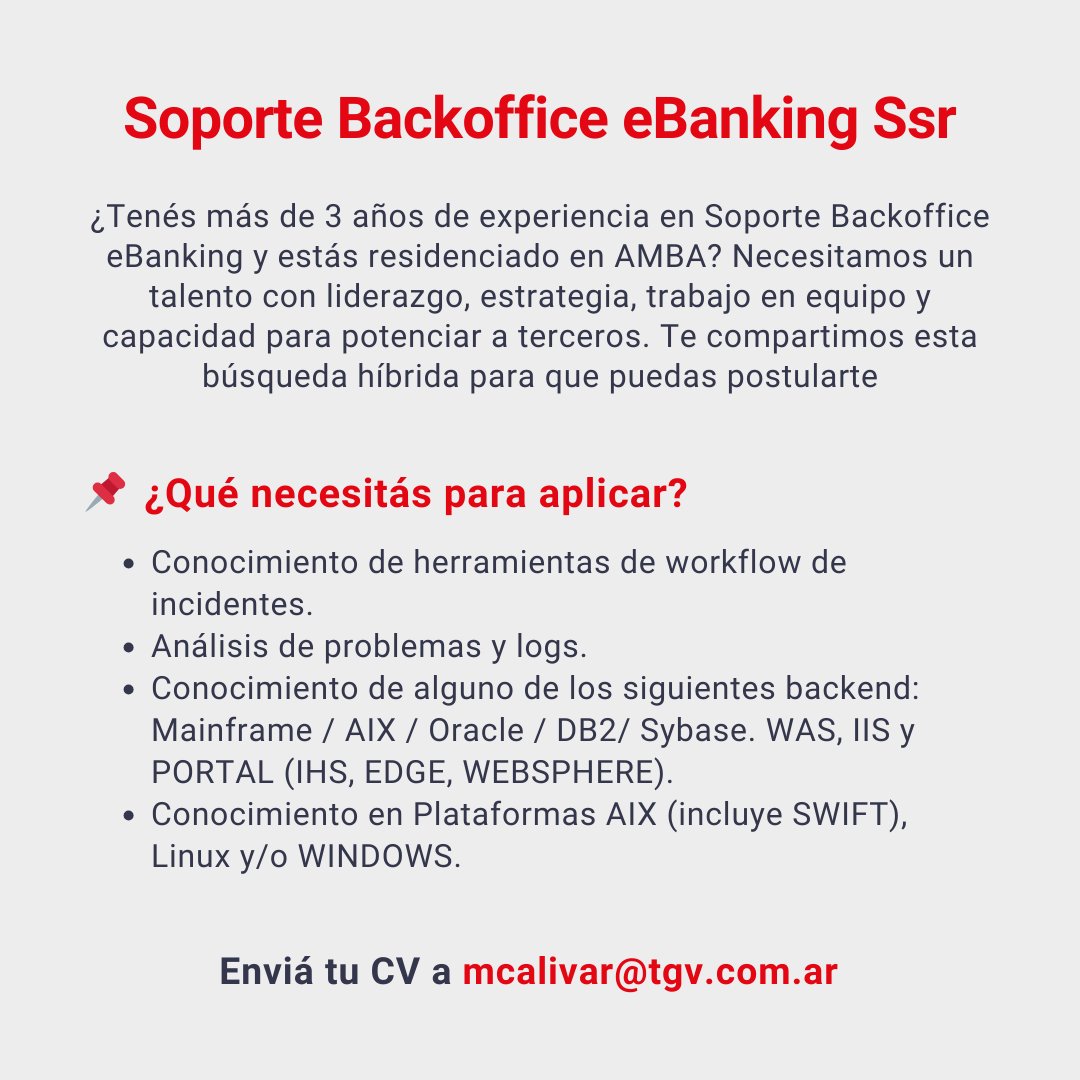 TGV_arg's tweet photo. ¡Otro viernes de búsquedas! Te compartimos un carrusel con dos puestos:

👉🏻 Soporte Backoffice eBanking Ssr
👉🏻 Analista Programador Cobol Unix Ssr

¡Queremos conocerte! En cada placa encontrarás el mail para enviar tus datos ✉️

#GrupoTGV #TeamTGV https://t.co/C9TvHheGSu