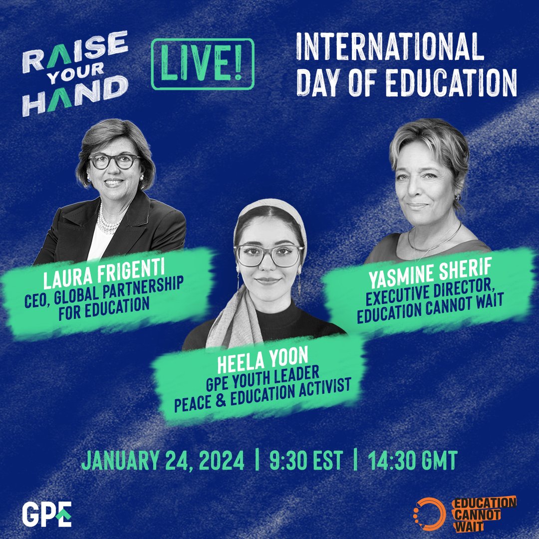 Education:
✅ reduces inequities
✅ drives economies
✅ builds peace

#RaiseYourHand and join @GPforEducation, @educannotwait & 1 of our #SDGYoungLeaders Heela Yoon (@yoonheela1) to learn why a peaceful tomorrow needs education today ➡ globalpartnership.org/events/raise-y…

#EducationDay