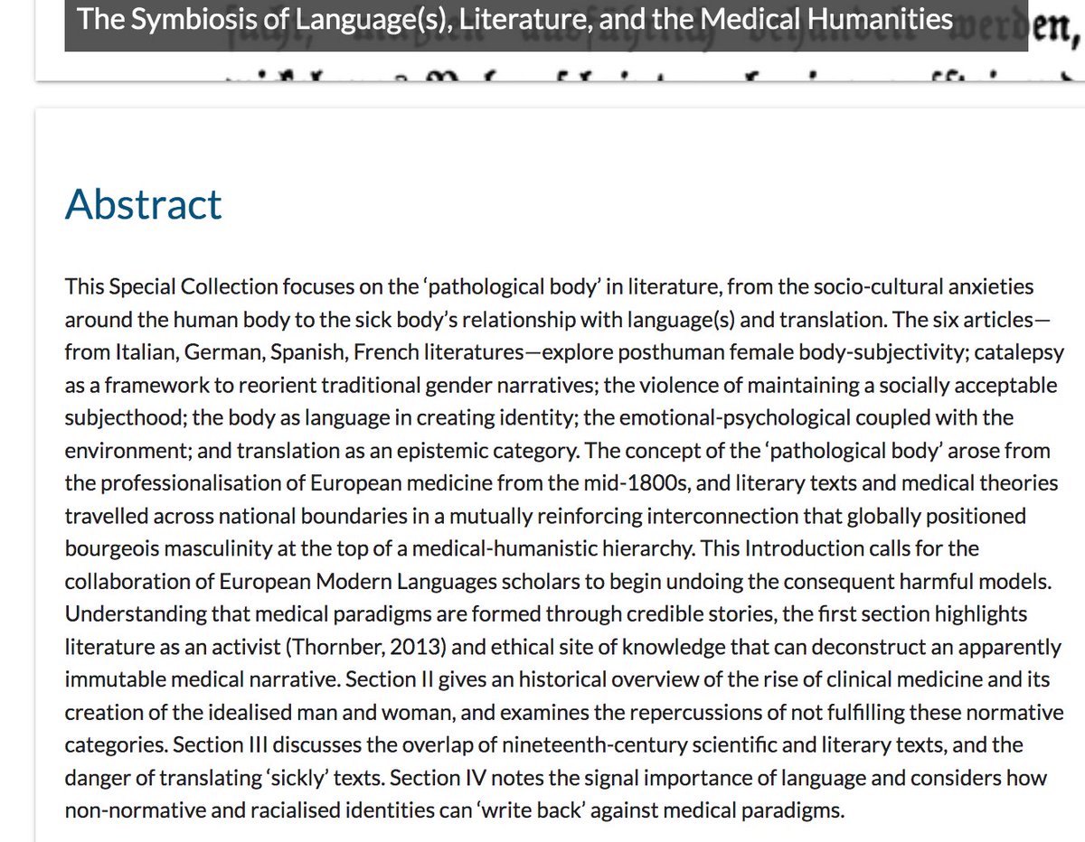 📢 OA @openlibhums special issue for those interested in literature, languages, and the body 📢

The Pathological Body: European Literary and Cultural Perspectives in the Age of Modern Medicine

#ModLangs #MedHums #Literature
