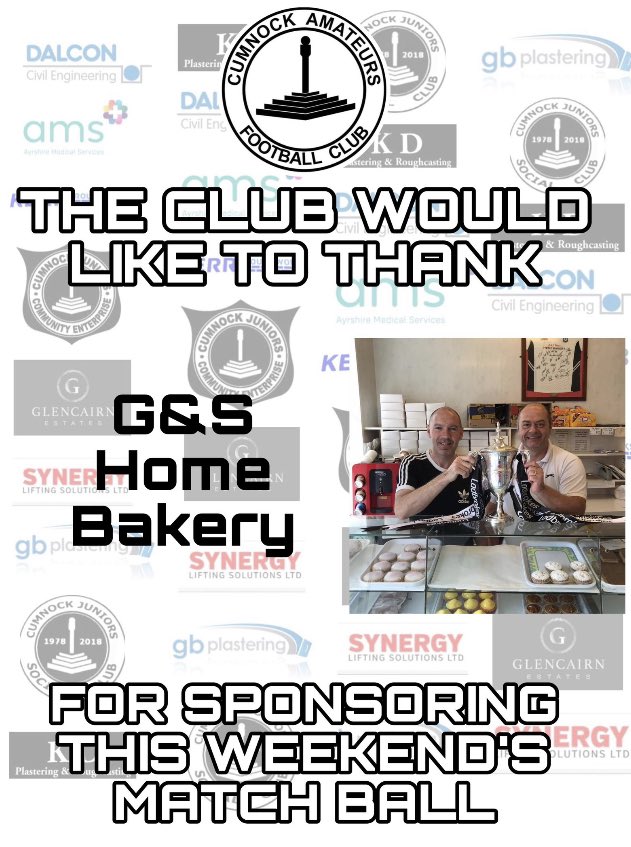 Match Ball Sponsor - 

Thanks very much to the guys at G and S Home Bakery who are tomorrows match ball sponsors. 

G and S Home Bakery
George Street
Ayr

Best pies in the shire! 

⚫️⚪️ATN⚪️⚫️