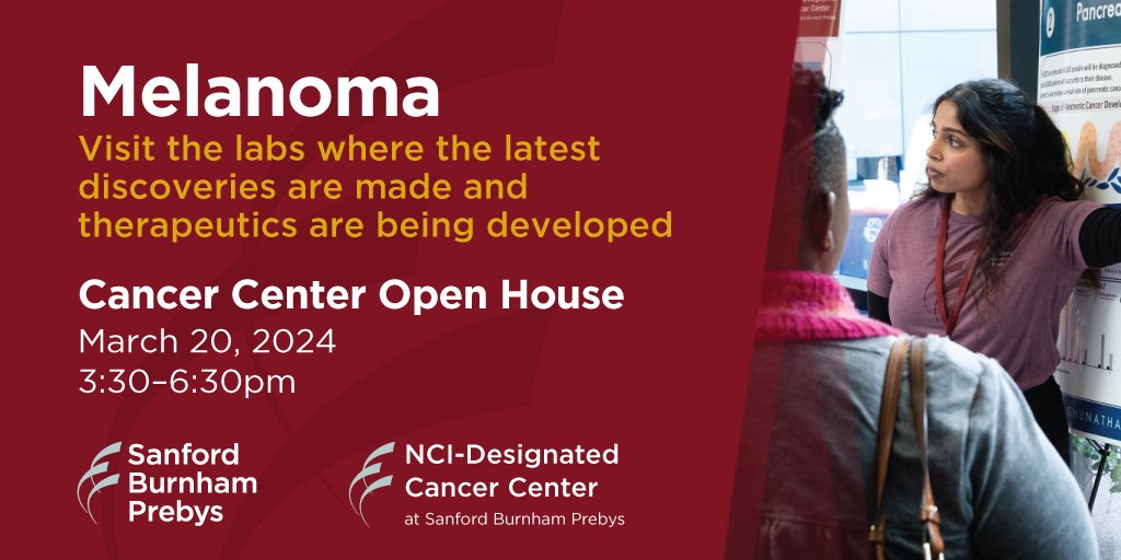 Join us for our Melanoma Cancer Center Open House on Wednesday, March 20, 2024.Learn about recent exciting discoveries, witness how new drugs are created and advanced to the clinic, and meet the researchers helping make it all happen. Register today: sbpdiscovery.org/openhouse