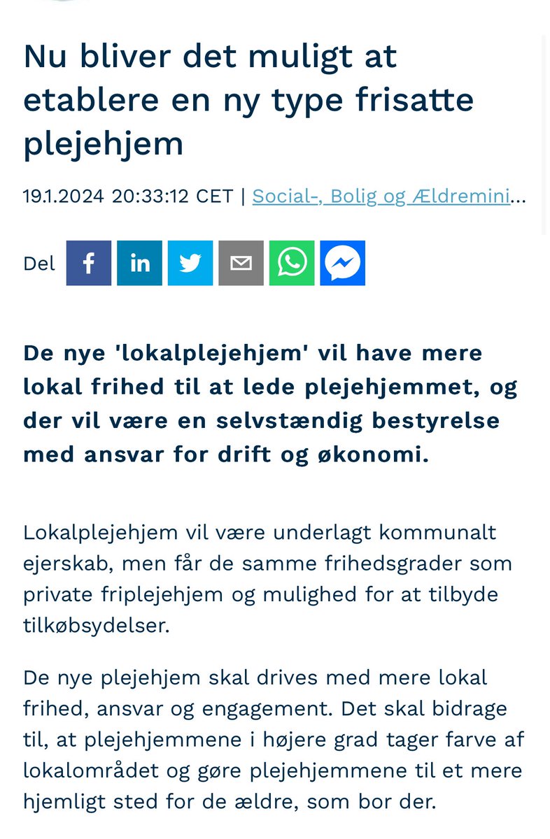 RLundNielsen's tweet photo. Nu rykker regeringen! En ny form for plejehjem med langt mere valgfrihed til beboeren bliver nu til virkelighed. ‘Lokalplejehjem’ kombinerer det bedste fra det private med det bedste fra det offentlige. Kæmpe fremskridt for vores ældre. #dkpol https://t.co/mxpyqdw6YE
