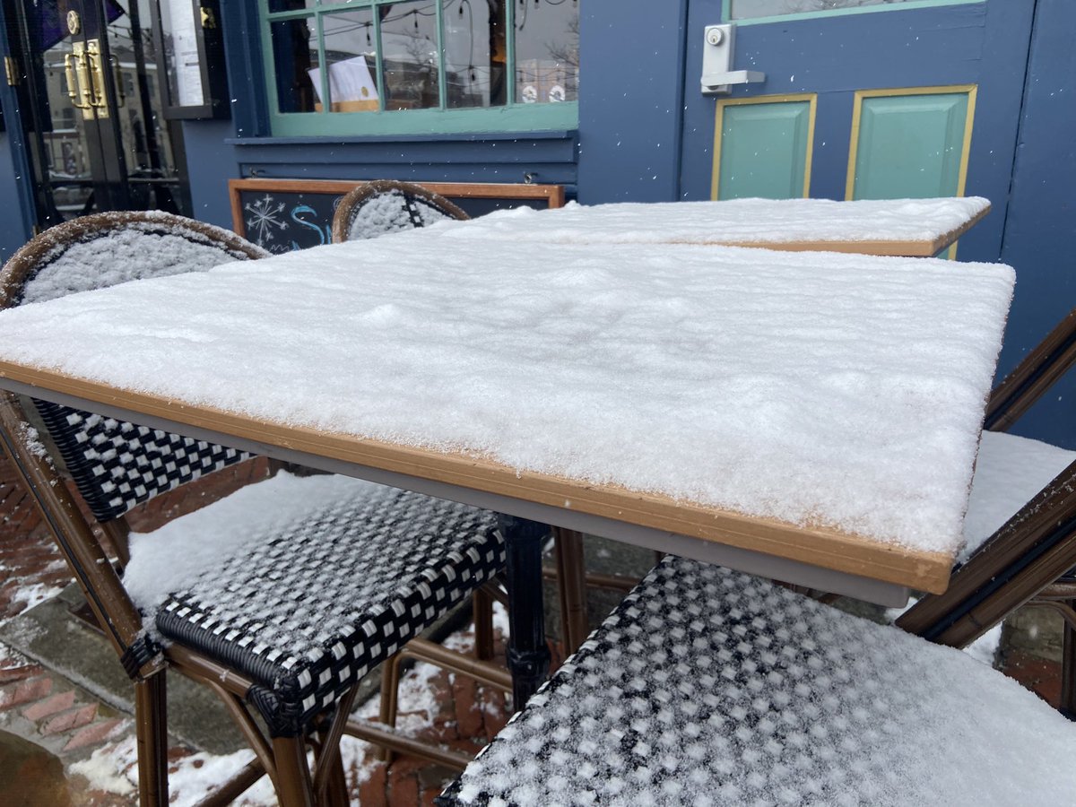 AlexaAshwell's tweet photo. Outdoor seating is decked out in Ravens … and snow ❄️ #FellsPoint #Ravens #FoxBaltimore @FOXBaltimore https://t.co/J1t2bIyxiA