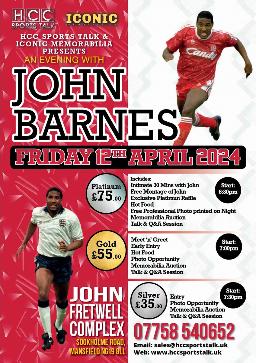We are incredibly proud to have teamed up with <a href="/hccsportstalk/">Carl</a> to bring you an evening with <a href="/LFC/">Liverpool FC</a> legend  John Barnes. 

Come join us at the John Fretwell Complex on Friday 12th April 2024 for what will be a memorable night. 

Drop us a DM for tickets.
