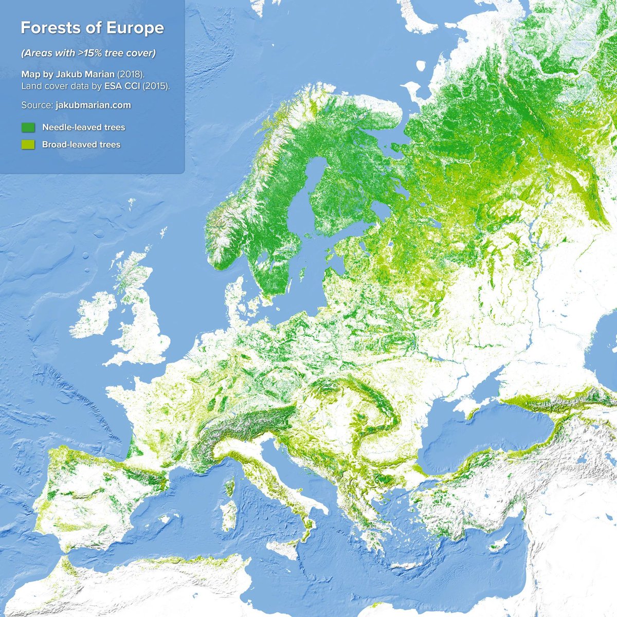 Map by @jakubmarian shows the forest cover of Europe. How forested is your neck of the woods?