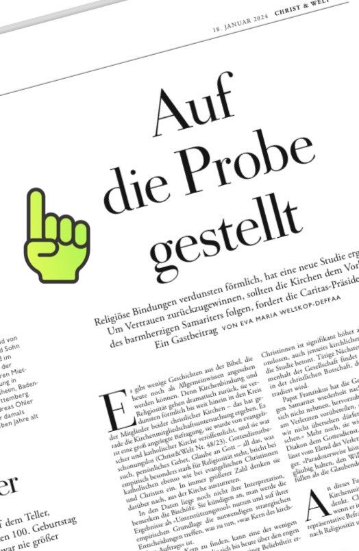 NYwelskop's tweet photo. In @christundwelt habe ich die #KMU @EKD @dbk kommentiert. Die große Űberraschung sind nicht die Austrittszahlen. Űberraschend & herausfordernd ermutigend sind die Erwartungen an eine Kirche, die nah bei den Menschen bleibt. #Samariter #Notsehen&handeln #Caritas https://t.co/1KXv5zPe1w