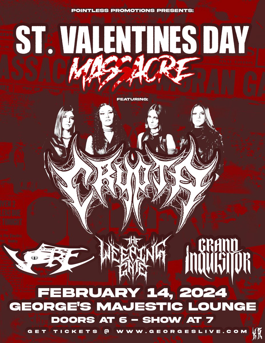 Our next show is with the amazing Crypta from Brazil, along with our friends Vore and The Weeping Gate.  Come see us at George's Majestic Lounge in Fayetteville, AR on Feburary 14th, 2024!