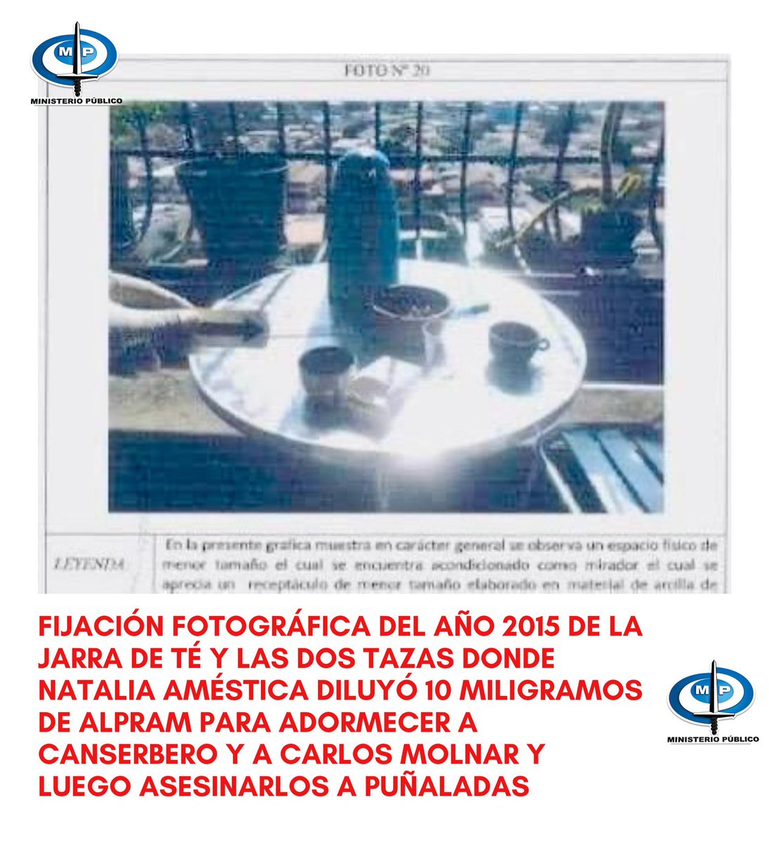 TarekWiliamSaab's tweet photo. EL FISCAL GENERAL DE LA REPÚBLICA TAREK WILLIAM SAAB ANUNCIA LA PROXIMA REALIZACION DE LA #AUDIENCIA PRELIMINAR DEL CASO #CANSERBERO

Luego de las AUDIENCAS ESPECIALES DE PRUEBAS ANTICIPADAS DE #DELACIÓN realizadas los dias 26 y 27 de Dic donde los hermanos Amestica describieron ante un Juez, los fiscales y su defensa la forma y el movil en que perpetraron el doble asesinato de Canserbero y Carlos Molnar: 

El Ministerio Publico anuncia que en los próximos días del presente mes de Enero los #imputados detenidos por su cruenta participación en dichos crímenes: serán trasladados al Tribunal 2° en funciones de Control AMC, para la realización de la Audiencia Preliminar ( luego que los Fiscales  del Ministerio Publico consignasen el pasado 8 de enero el escrito de acusación ) ello conforme a lo previsto en el artículo 309 COPP: 

En dicha audiencia preliminar el Ministerio Público expondrá las respectivas #acusaciones  presentadas en contra de: 1. María Natalia Améstica 2. Guillermo Améstica por los delitos de Homicidio Calificado con Alevosía y por Motivo Fútil en grado de Coautoría, Obstrucción a la administración de justicia, Simulación de hecho punible, Falsa atestación ante funcionario público y Asociación para delinquir 3. Marco Pratolongo por los delitos de Homicidio Calificado con Alevosía y por Motivo fútil, en grado de cómplice no necesario, Simulación de hecho punible, Obstrucción a la administración de justicia y Asociación para delinquir, 4. Edgar Trillo 5. Gilbert Cruz y 6. Teresa Pinto, estos tres últimos funcionarios actuantes en el procedimiento se acusaron por los delitos de Obstrucción a la administración de justicia, Simulación de hecho punible, Corrupción propia agravada, Asociación para delinquir. Igualmente fue acusada 7. Solangela Mendoza en su condición de Patóloga por los delitos de Obstrucción a la administración de justicia, Encubrimiento y Asociación para delinquir.

Igualmente hemos solicitado orden de aprehensión y #AlertaRoja por el incumplimiento de sus funciones durante el cargo a los #evadidos Exfiscales 1. Yoli Abelina Torres Franco 2. Tulio Enrique Mendoza Pérez, por los delitos: Omisión dolosa, Obstrucción a la administración de justicia  y Asociación para delinquir. Y así como también para los exfuncionarios del CICPC 3. Arquelis Enrique Blanco  4. Vicson Jesús Medina y 5. Yonel Alejandro Toro, en virtud del analisis de las actuaciones realizadas en el año 2015 y de la audiencia especial de delación, por los delitos: Obstrucción a la administración de justicia, Simulación de Hecho Punible, Corrupción Propia Agravada y Asociación para Delinquir.

Entre las diligencias practicadas que exceden de 120, se destacan: 1. Primer abordaje en el sitio del suceso 2 Caída libre del muñeco similar a Canserbero 3. Ensayo de prueba luminol 4.  Primera exhumación al cadaver de CANSERBERO 5. Autopsia biopsicosocial 6.  Entrevistas  a familiares y a 2 testigos 7. Estudio Antropológico de Huella Plantar 8. Animación forense en 3D de los hechos.

Mostramos aquí 2 de las fijaciones #fotográficas tomadas el 20  de enero del 2015 y que reposan en el expediente y que terminan siendo #reveladoras de la tecnica homicida usada por Natalia Amestica y Guillermo Amestica para matar a Canserbero y a Carlos Molnar: como lo son: 

a) LA MESA DONDE REPOSA LA #JARRA DE #TE DILUIDA CON 10Mg DE #ALPRAM Y LAS DOS #TASAS QUE TOMARON LAS VICTIMAS PARA SER ADORMECIDAS Y LUEGO SER ASESINADOS.

b) El #BOQUETE DE LA VENTANA SIN LAS ROMANILLAS QUE PREVIAMENTE FUERON EXTRAIDAS POR LOS ASESINOS PARA #LANZAR EL #CADAVER DE CANSERBERO: PRUEBA QUE REFUTA LA TESIS DE SU LANZAMIENTO INTEMPESTIVO ROMPIENDO LOS #VIDRIOS DE DICHA VENTANA.

#JusticiaParaCan