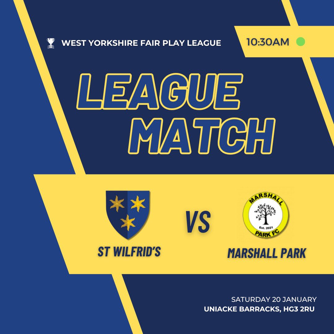 StWilfridsFC's tweet photo. TOMORROW MORNING!

We welcome Marshall Park after a last-minute fixture swap. Always a good game against these lads.

The boys are looking to put right last week’s 2-1 cup group stage defeat by @BccMorley.

#UpTheWillies 🟡⚫️ https://t.co/bQq5EVGG55