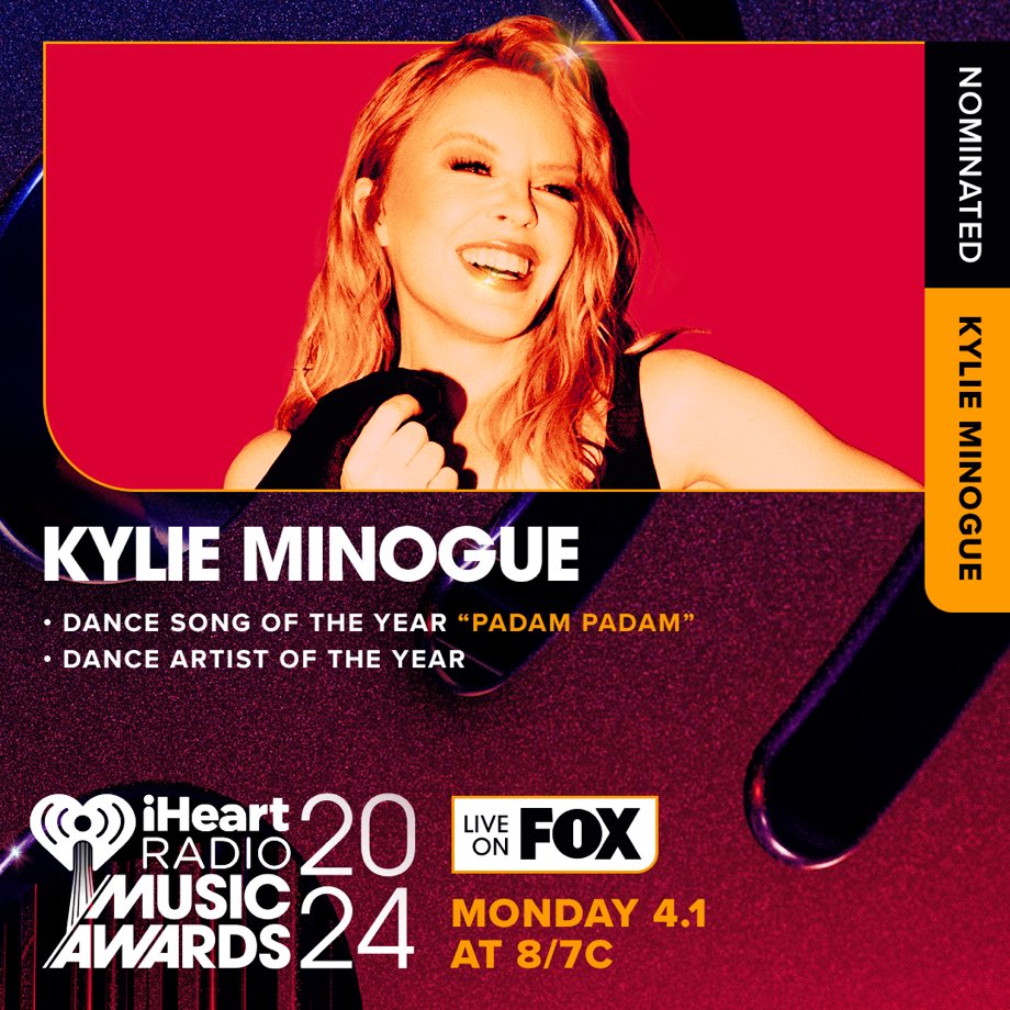 kylieminogue's tweet photo. iHeart it and I know 👀❤️ Honoured to be nominated at the @iHeartRadio Music Awards for Dance Artist of the Year AND Dance Song of the Year 🤪🪩 Padam! 😘😘 https://t.co/LuYebnYw0V