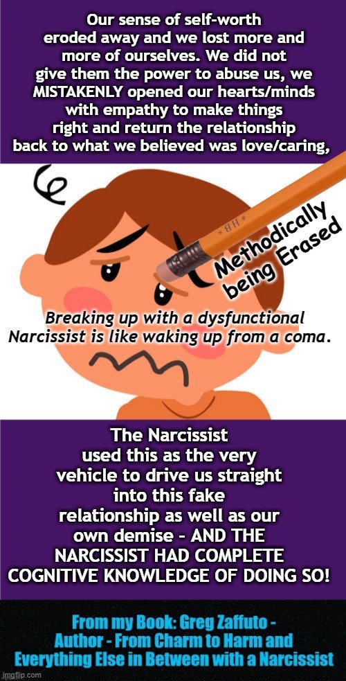 LucyLathamBooks's tweet photo. narcissist abuse #Narcissism  We were methodically being erased bit by bit until there was nothing much left of us but a shell of a person we once were! https://t.co/QEGW4FmWSA https://t.co/N1ZqtE8EXy https://t.co/2I4SENzuTO