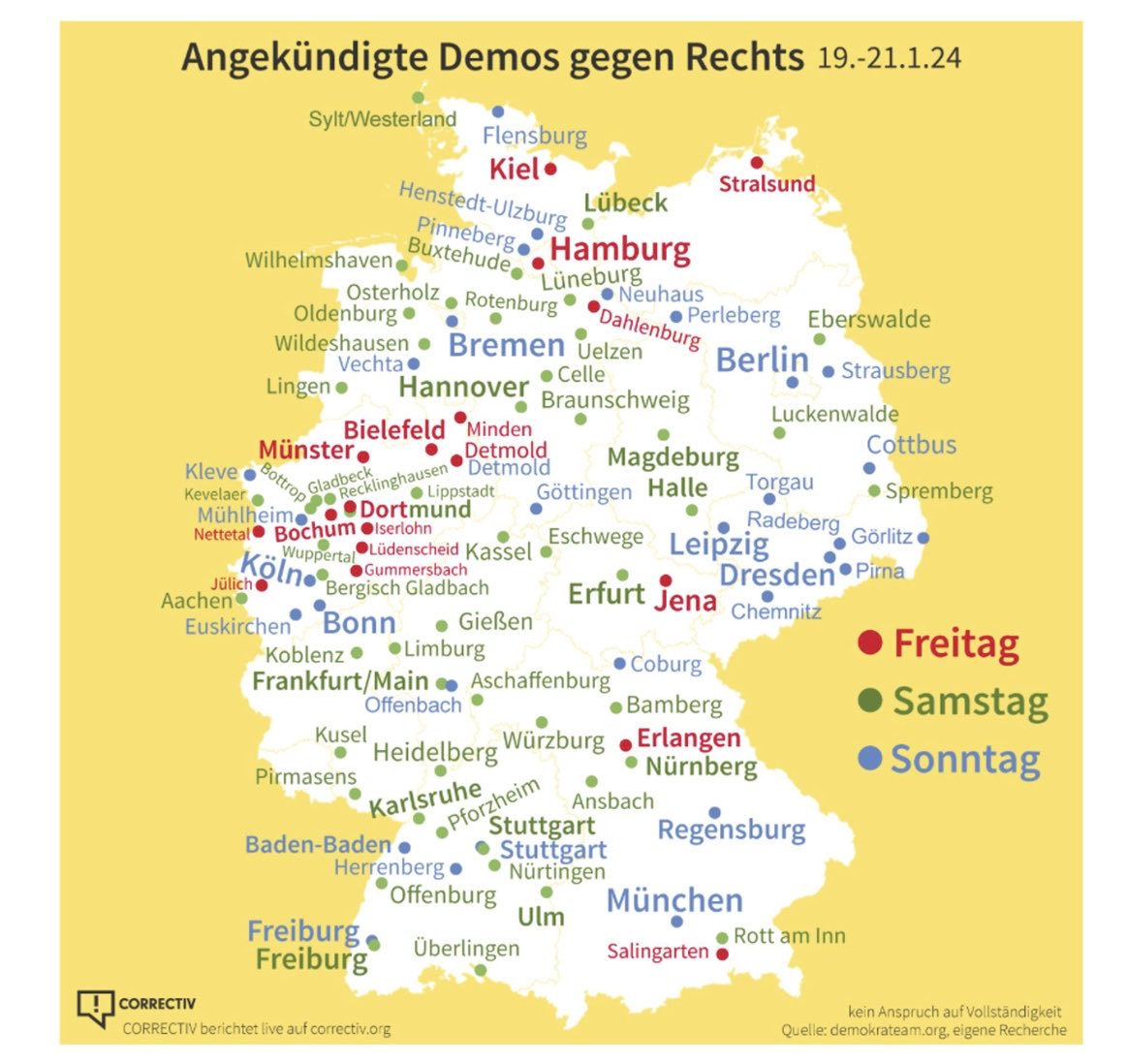 @ArminPh Hier eine Karte der angekündigten Demos gegen Rechts dieses Wochenende. Da ist mit Sicherheit für jede/n eine dabei ♥️.