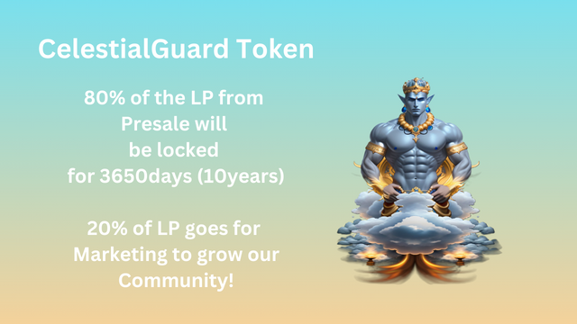CG_Token's tweet photo. After Presale:
80% of LP is locked for over 3650days!
20% goes for Marketing to grow our community
#CelestialGuard #memecoin #100x #PresaleSoon #Pinksale https://t.co/kMsOCmTmKy