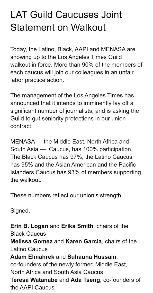 Sharing this joint statement from the Latino, Black, AAPI and MENASA Caucuses. All of us are reporting more than 90% participation rate in today’s walkout. Newly formed MENASA Caucus is reporting 100% participation.🤘🏼 cc @LATLatinoCaucus @LATBlackCaucus @LATAAPICaucus