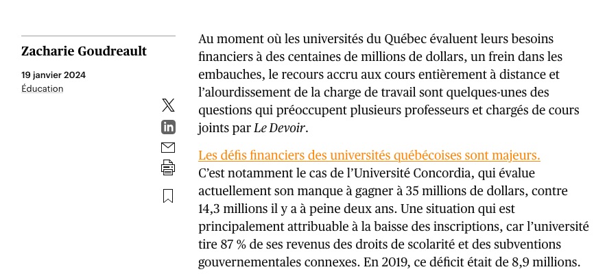 «Des universités dans le rouge», une situation qui préoccupe Olivier Aubry, président du SPPEUQAM : « Si on a moins de revenus, bien souvent, on va faire des coupes dans l’enveloppe de charge ou dans les services. C’est là où ça devient plus compliqué pour nous... »