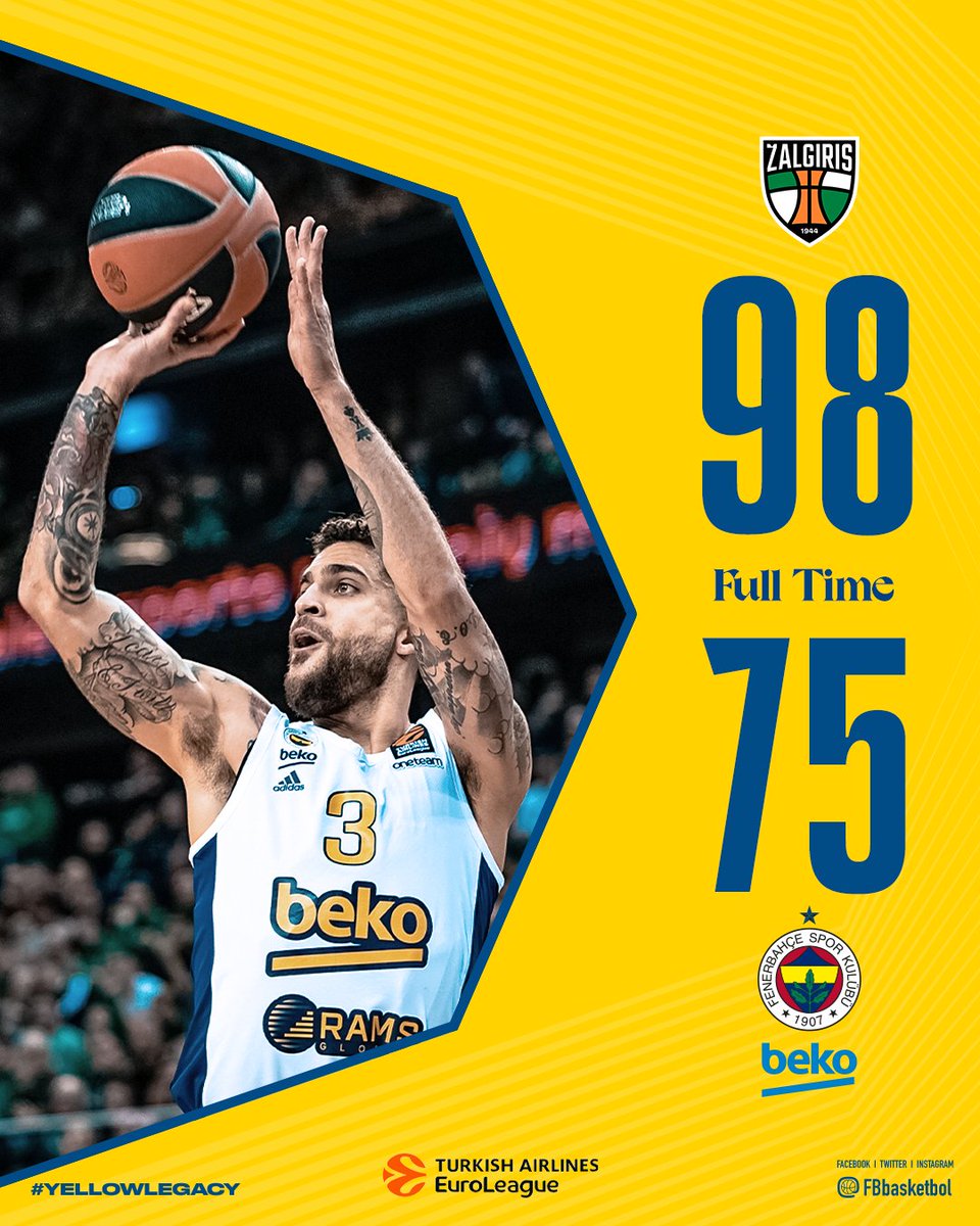 Maç Sonucu | @bczalgiris 🆚 Fenerbahçe Beko: 98-75 Skor dağılımımız: Wilbekin 22, Motley 15, Dorsey 7, Guduric 7, Melih 6, Pierre 6, Sertaç 6, Calathes 4, Papagiannis 2. #YellowLegacy