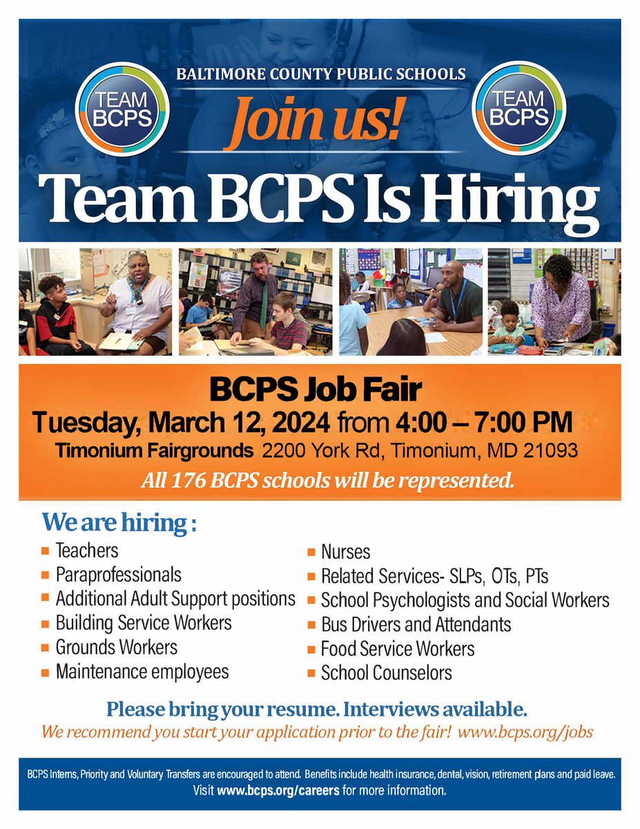 📣 Spread the word! The #TeamBCPS Spring Job Fair is set for Tuesday, March 12 from 4 - 7 p.m. at the Timonium Fairgrounds. All 176 BCPS schools will be represented. Apply online at bcps.org/careers.