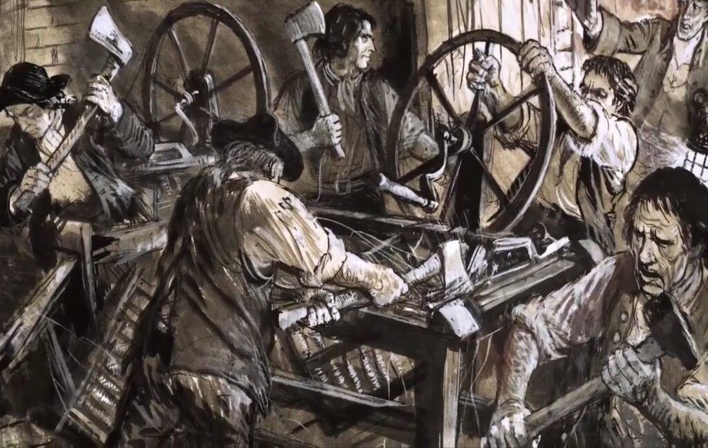 Charlotte Brontë, on the 19th century Luddite revolts: “Certain inventions in machinery were introduced into the staple manufacturers of the north, which, greatly reducing the numbers of hands necessary to be employed, threw thousands out of work, and left them without legitimate