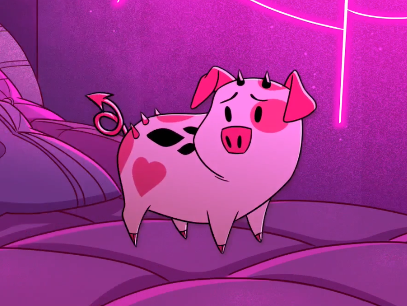 The most adorable little demon piglet you can imagine. With little horns, and a forked curly q tail, and heart on its side.