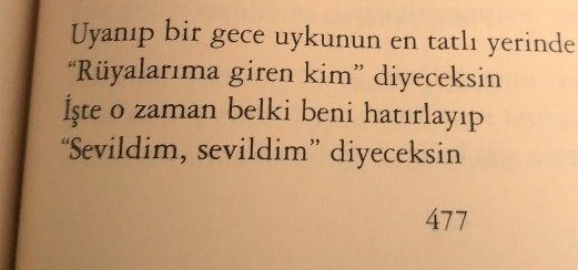 "Uyanıp bir gece uykunun en tatlı
yerinde
`Rüyalarıma giren kim?` diyeceksin
İşte o zaman belki beni hatırlayıp
`Sevildim, sevildim` diyeceksin."