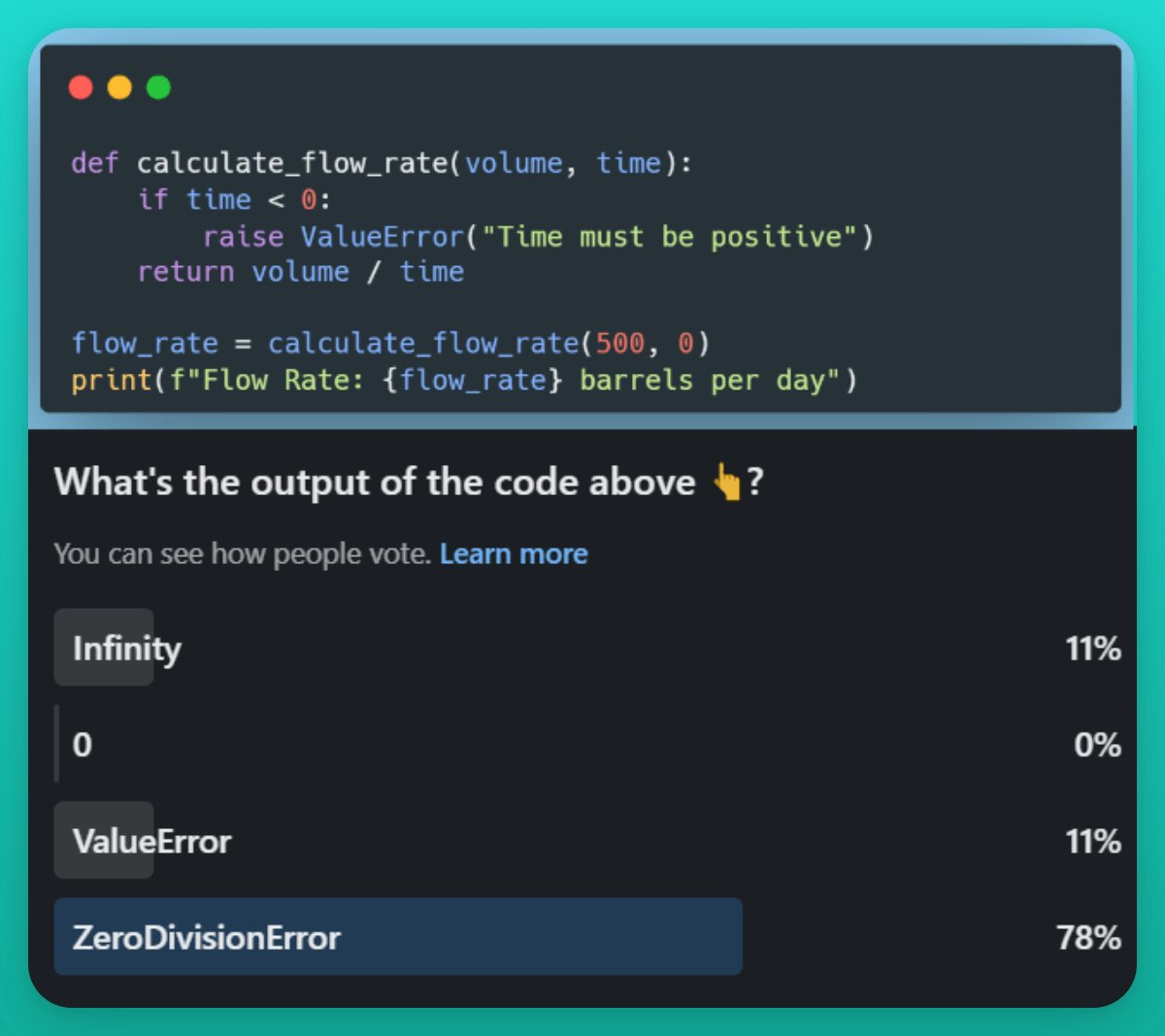 oskrgab's tweet image. 🚨 #PythonPuzzle Answer: Why `ZeroDivisionError` is the Culprit! 🐍
Last week, we put our heads together to solve a Python code challenge. The function was simple: calculate a flow rate given a volume and time. But what happens when time equals zero? Let’s break it down:
❌…
