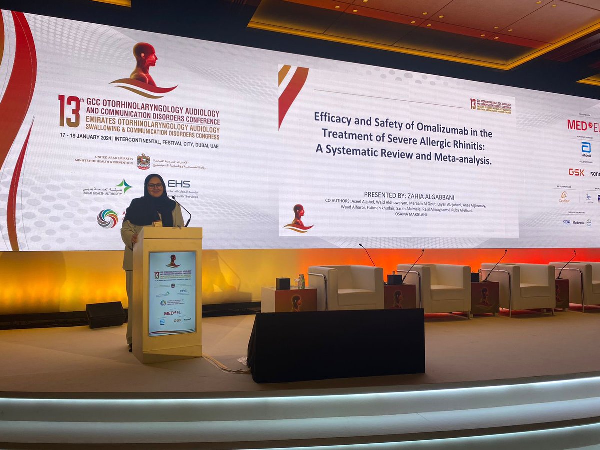 Dr. Zahia Algabbani
6th Year Medical Student 
Topic: Efficacy and Safety of Omalizumab in the Treatment of Allergic Rhinitis: A Systematic Review and Meta-analysis

Presented in the Rhinology program!