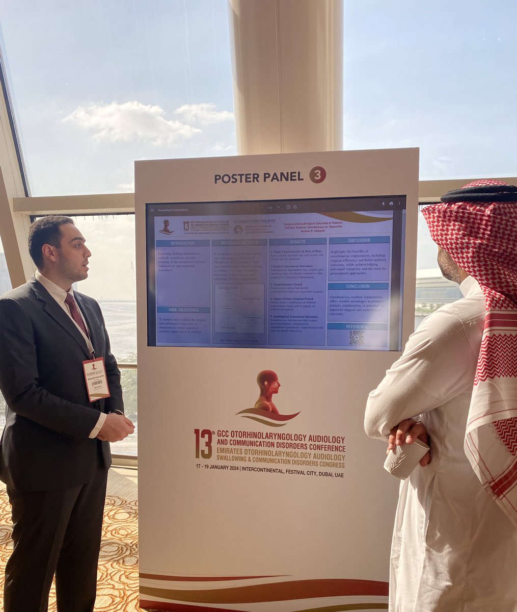 Dr. Ibrahim Halawani
6th Year Medical Student 
Poster Presentation 
“Assessing the surgical and audiological outcomes of simultaneous compared to sequential cochlear implant in pediatrics with hearing loss: A Systematic Review and comprehensive meta-analysis”