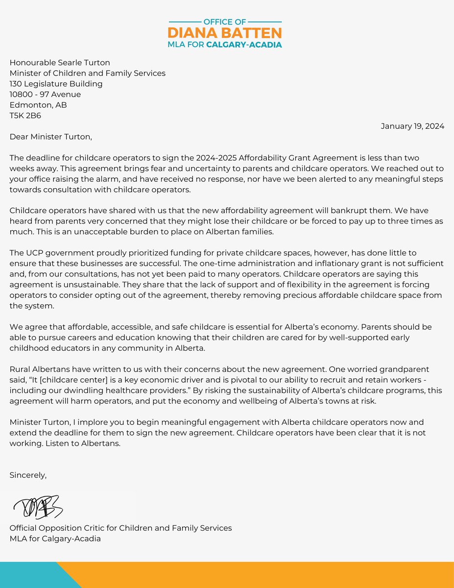 My second letter to Minister Turton calling for him to address the concerns of the parents and Child Care operators about the Updated Child Care Affordability Agreement. #abLeg #yycacadia