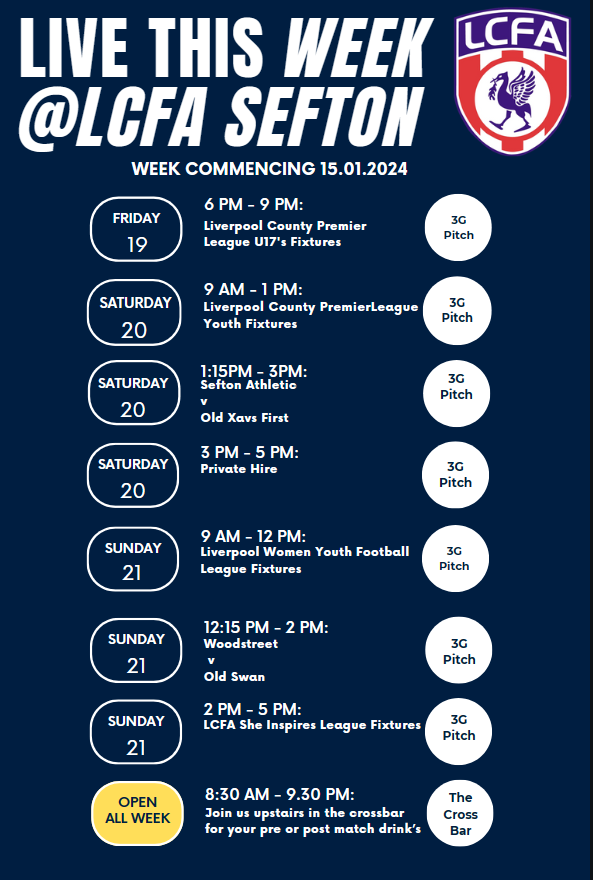 Unfortunately no grass games at site this weekend but we do have the following live football at site⚽