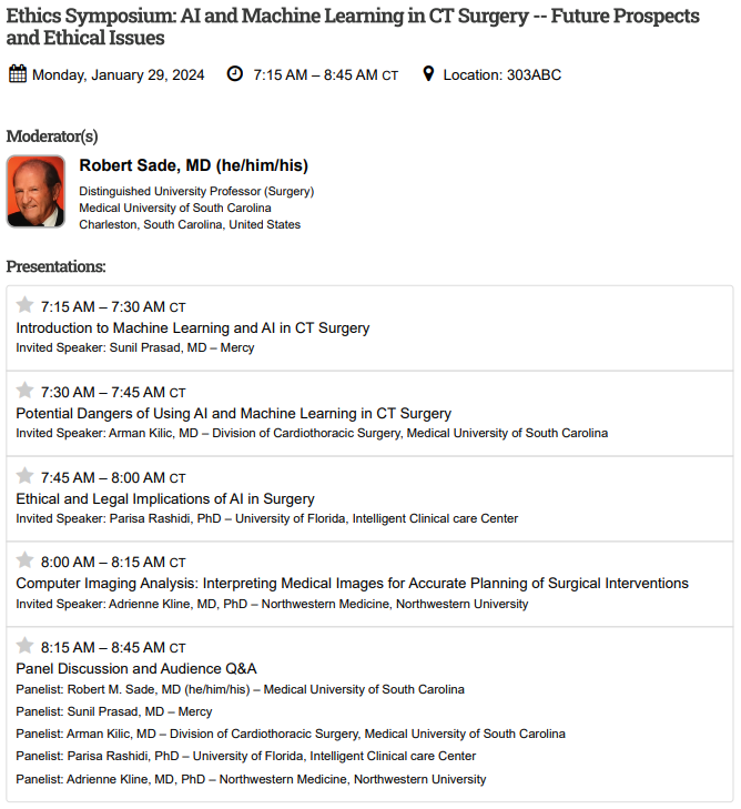Plus debate the ethical considerations of AI at "Ethics Symposium: AI and Machine Learning in CT Surgery -- Future Prospects and Ethical Issues" on Mon, Jan. 29, 7:15 AM-8:45 AM
