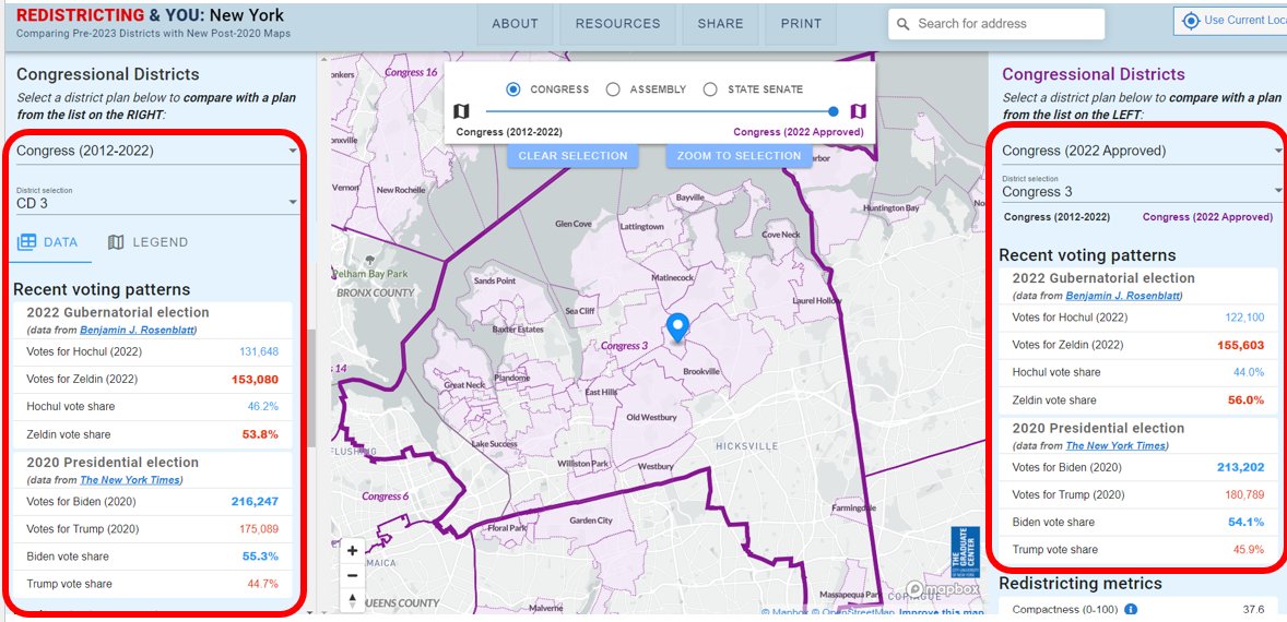 We've added 2022 Governor vote share to @GC_CUNY Redistricting & You for all congressional plans (current, 2012-2022, etc). Here's comparison of current #NY03 (table on right) vs 2012-2022 plan (on left) newyork.redistrictingandyou.org/?districtType=… Thx to @BenJ_Rosenblatt for compiling the data! 1/2