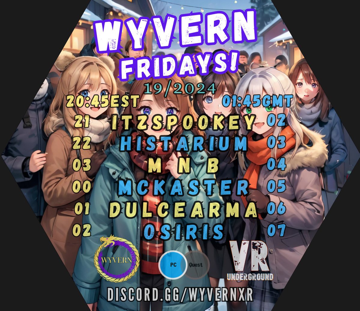 Wyvern Fridays are BACK! - Join us~ 💜💛💜
18+ (SFW Event) Doors: 20:45EST | 02:45GMT  
↓   Discord   ↓   | ------------------------ |   ↓   VRC Group  ↓                      discord.gg/Wyvernxr  |  vrc.group/WYVERN.9611 

#Wyvern #VRChat #liveDJ #VirtualEvent