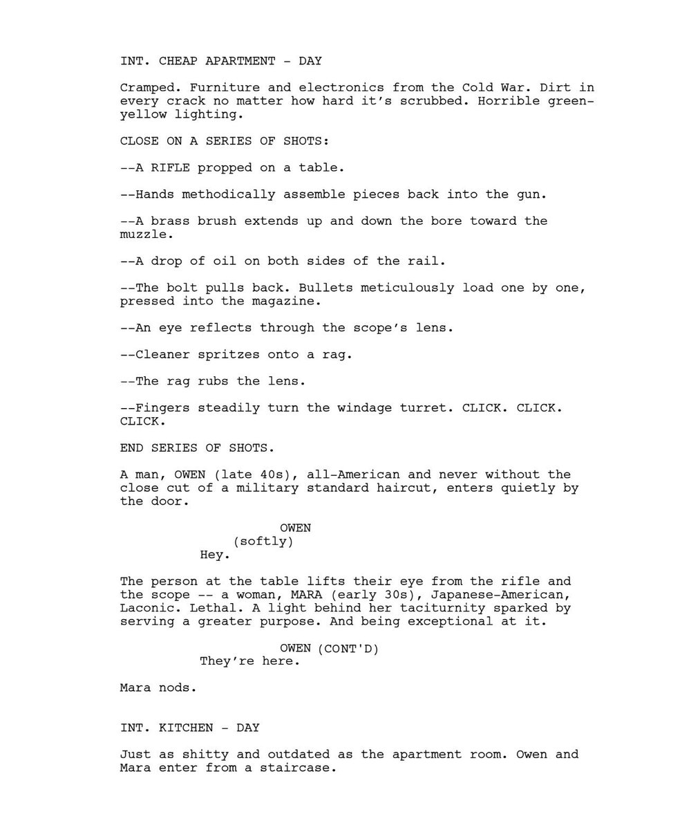 For #FirstPageFriday here’s the first page of the recent total overhaul of my action/thriller pilot RONIN! A lot of action to come in the following pages 😏
