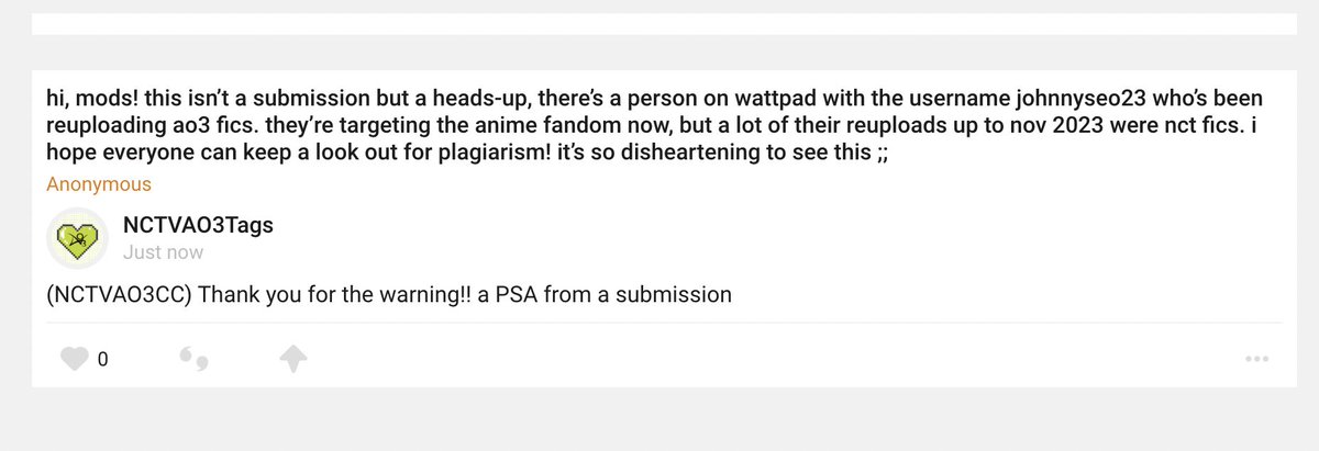 hi, mods! this isn’t a submission but a heads-up, there’s a person on wattpad with the username joh… — (NCTVAO3CC) Thank you for the warning!! a PSA from a submission curiouscat.live/NCTVAO3Tags/po…