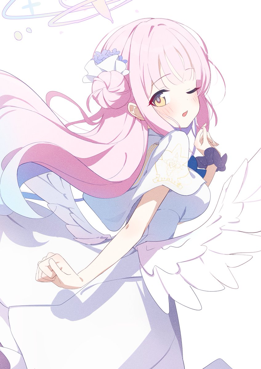 mika (blue archive) 1girl pink hair halo solo one eye closed wings long hair  illustration images