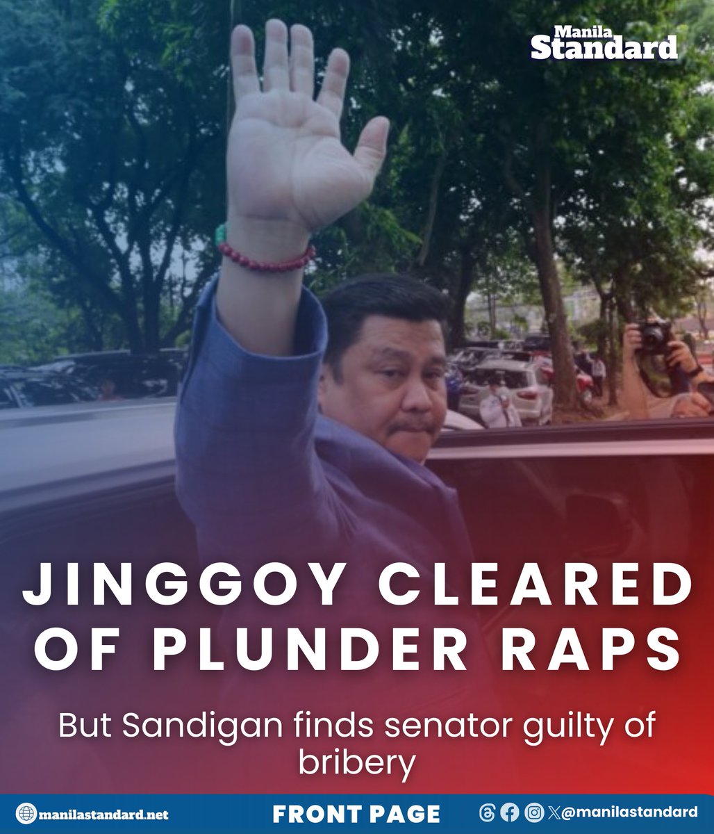 The Sandiganbayan on Friday cleared Senator Jinggoy Estrada of plunder charges but found him guilty of direct and indirect bribery in the 2013 pork barrel scam, offenses that could send him to jail for more than 10 years if the verdict is upheld. READ: manilastandard.net/news/314408757…