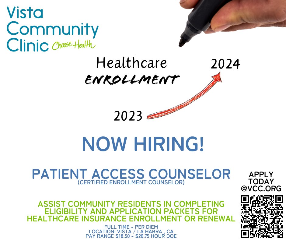 Join our team. Vista Community Clinic is hiring! Click on the link below to see all our open positions and apply today! …ortaln-vistacommunityclinic.icims.com Vista Community Clinic is an Equal Opportunity Employer. #VCC #ChooseHealth #HiringNow #HealthcareCareers #JobSeekersSA