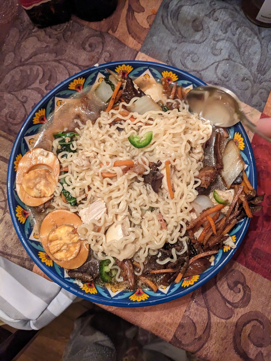 kareninva's tweet photo. Cold winter night comfort food courtesy of @guarnaschelli and Ava's Souped Up Chicken Ramen..added Bok Choi, Jalapenos, and Mushrooms for veggies (and kick) and extra soy eggs (can't eat just one). #CookItUp https://t.co/9Q6VJ4Kn4g