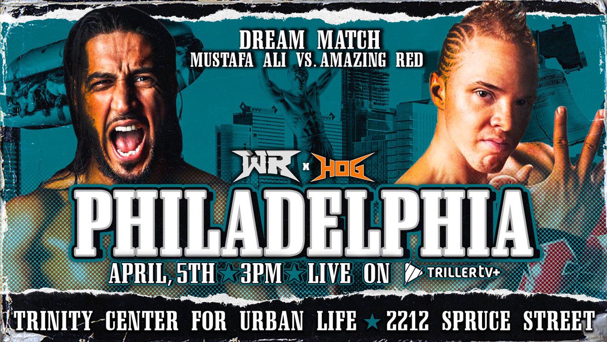 HOGwrestling's tweet image. 🚨BREAKING🚨 

*NEW SHOW ALERT*

PHILADELPHIA 
4.5.24 - 3pmET
Trinity Center for Urban Life
LIVE on @FiteTV 

Featuring:

DREAM MATCH
@MustafaAli_X Vs. @AmazingRed_iOD 

Tickets go on sale: Mon, Jan 22 at 8pmET - Info coming soon!

#REVOLVERxHOG