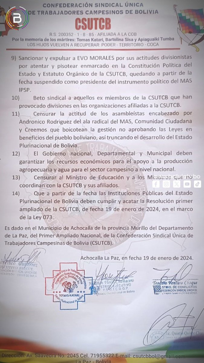BrujulaNoticias's tweet image. #Sociedad| La #CSUTCB que apoya a Luis Arce determinó este viernes expulsar a #EvoMorales de sus filas y suspenderlo como líder del #MAS.