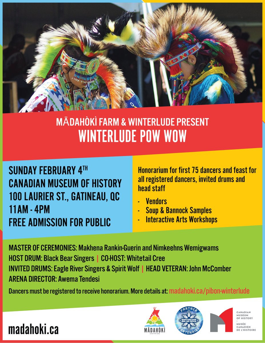 ❄ Calling #Winterlude Pow Wow Dancers! Join us as a dancer at the Winterlude Pow Wow - Sun Feb 4 from 11am-4pm at @CanMusHistory 🪶 Honorarium for first 75 dancers and feast for all registered dancers. Register here: bit.ly/WinterludePowW…
