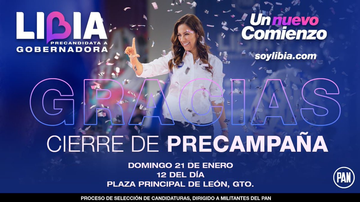 🌟 Este domingo, la Plaza Principal de León se pintará de azul. 💙 👟Acompáñame al cierre de precampaña y demos el siguiente paso a #UnNuevoComienzo. 🤜🏻🤛🏻 ¡Ahí nos vemos! Proceso Interno de Selección de Candidaturas, dirigido a los militantes del PAN.